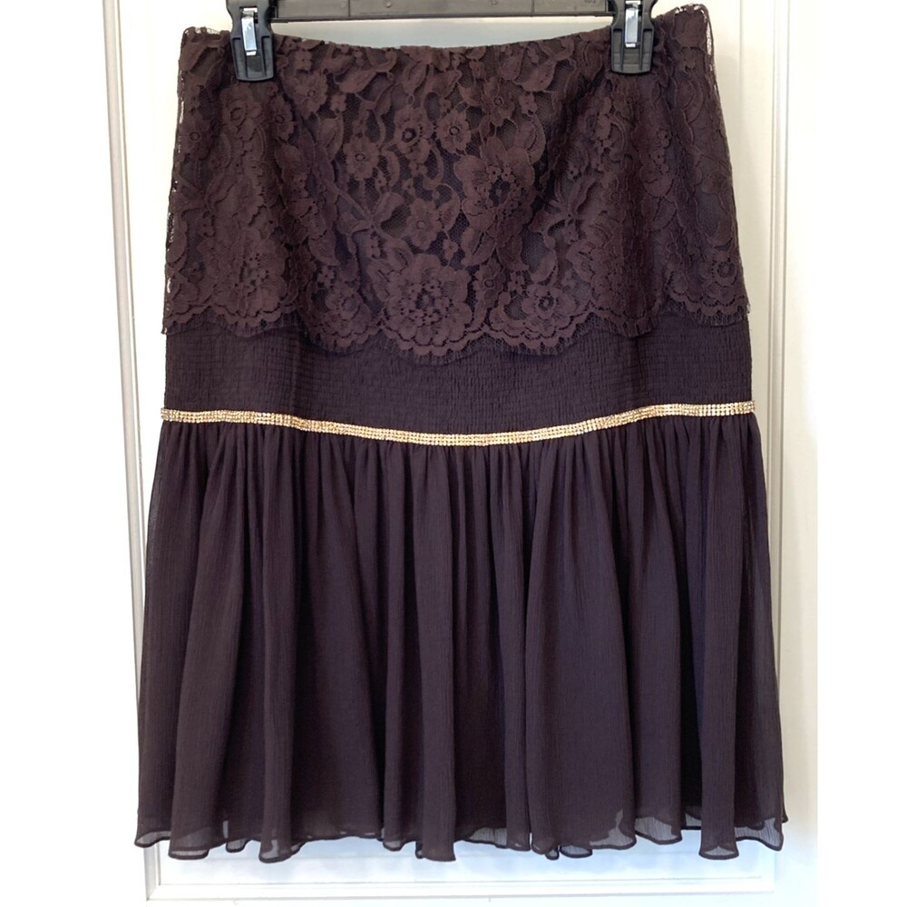 Mixed Media 100% Silk Rhinestone Lace Woman Skirt Brown 4 Fairy Grunge Forest